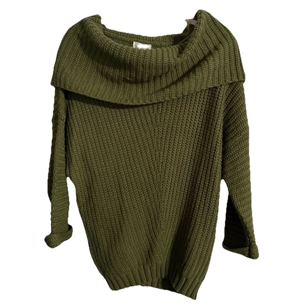 Umgee Green Cable Knit Cowl Neck Off The Shoulder Sweater